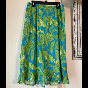 IVY 100% Linen Made In The USA Leaf Print Ruffled Hem Skirt Sz M